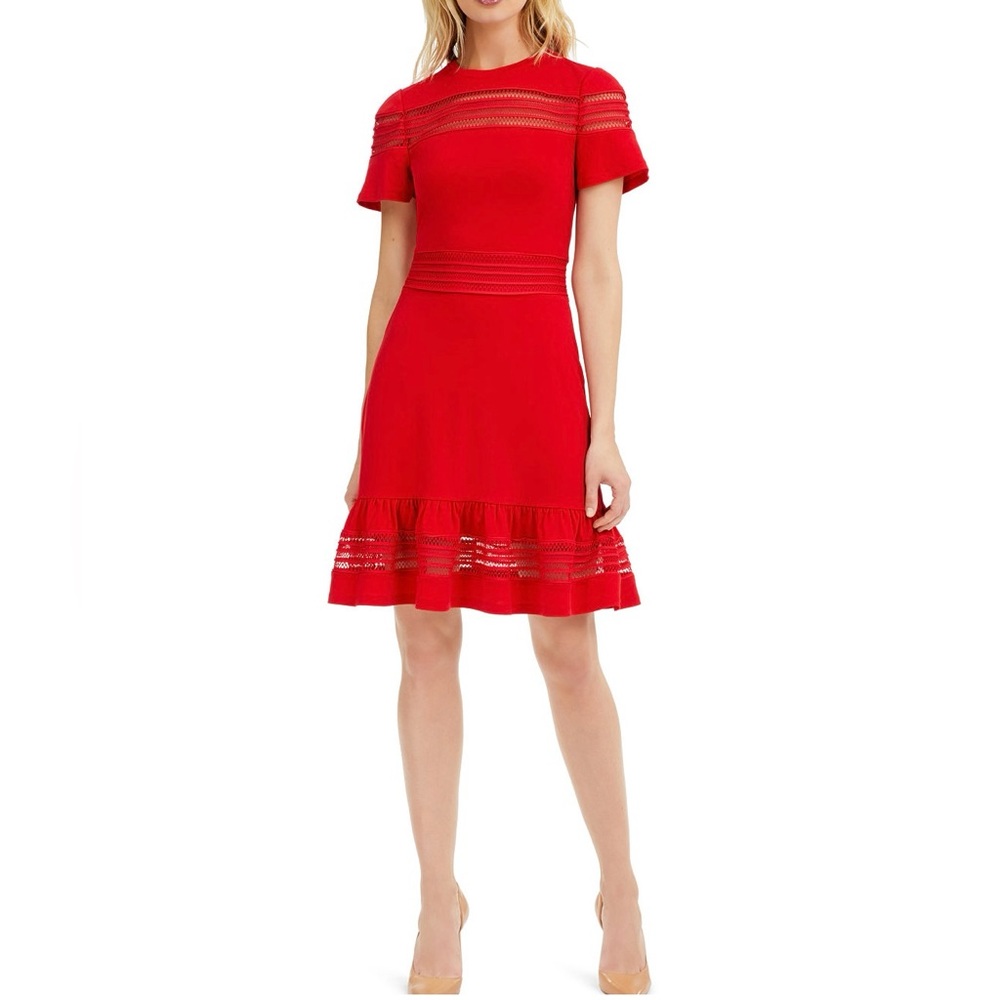 Michael Kors Bright Red Open Weave Mesh Insert Dress w/Ruffled Hem - Sz M